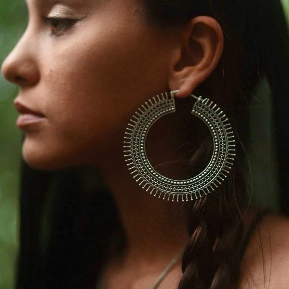 Noir Kala Adita large sterling silver tribal hoop earrings brand new